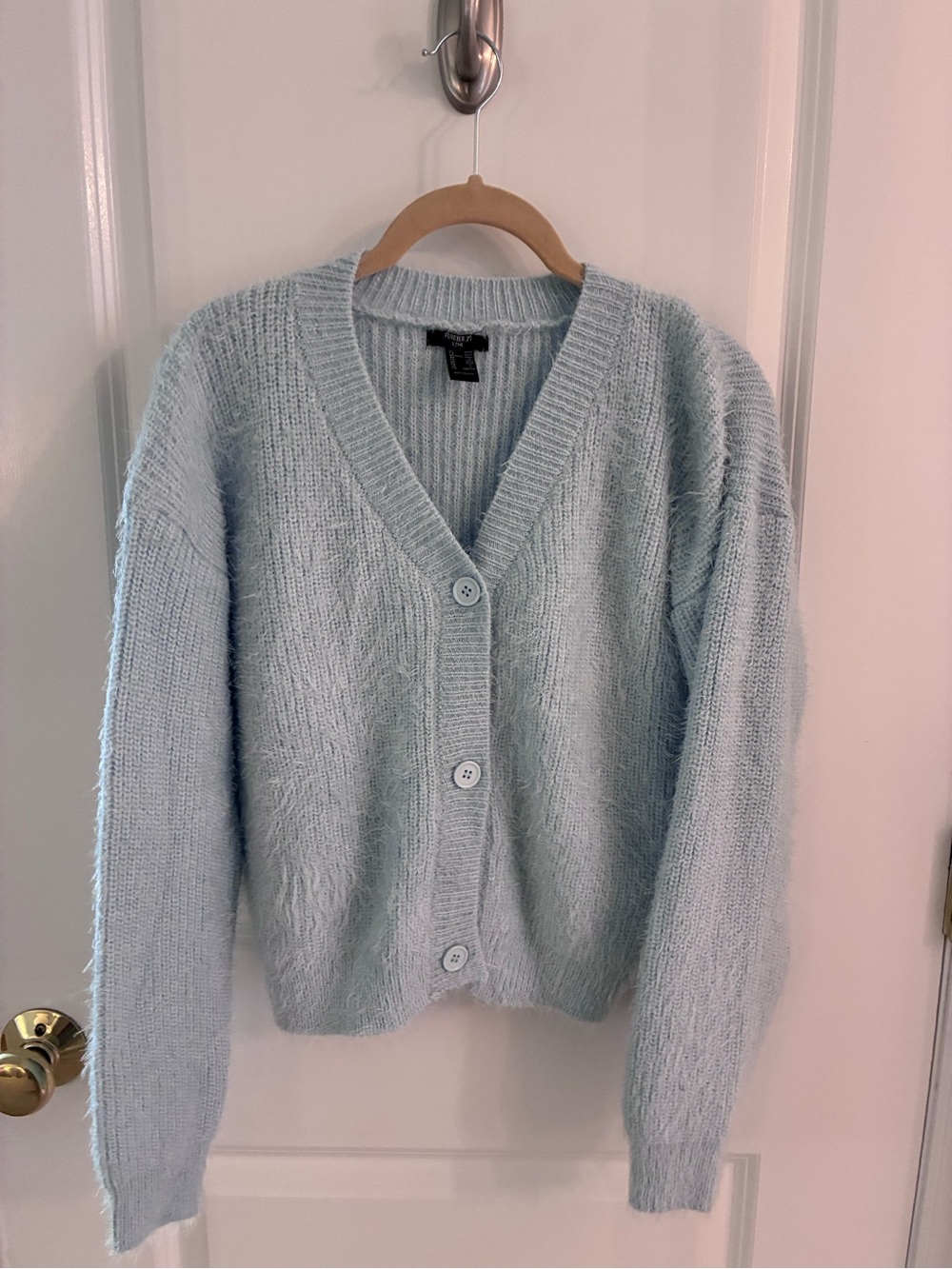 Forever 21 Pale Blue Fuzzy Button-Up V-Neck Cardigan